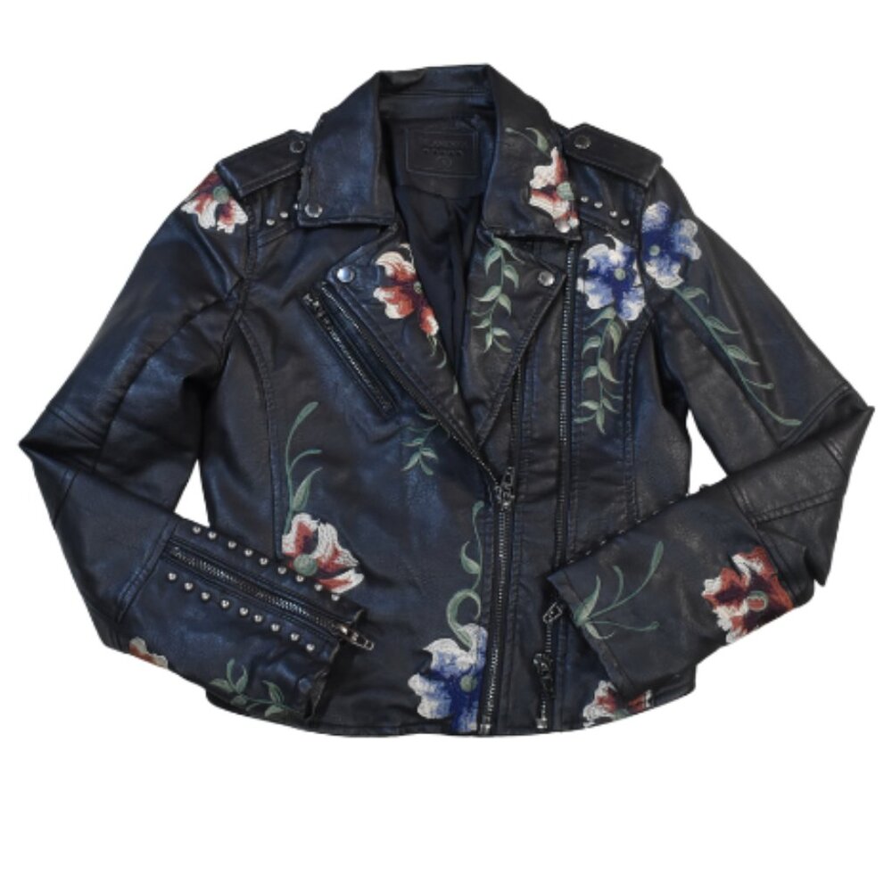 Blank NYC Black Leather Moto Jacket with Floral Print